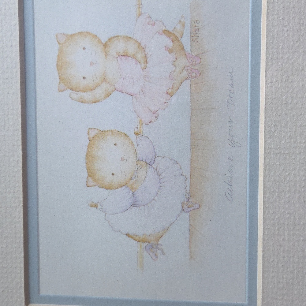 1987 Matted Picture 2 Ballerina Cats In Yellow Frame Labled Achieve Your Dream